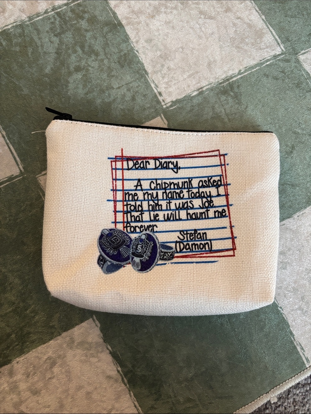 The Vampire Diaries Canvas Zip Pouch with Damon Quote - Cream/Blue